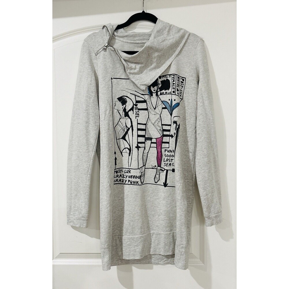 Diesel Sweatshirt Womens Medium Graphic Punk Y2K Cowl Neck Zip Longline Sweater